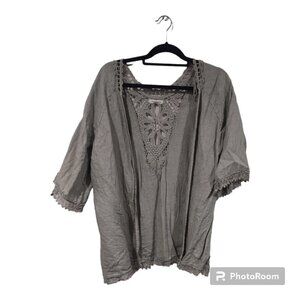 Valentina Naldi Sage Green Linen Kimono Open Cardigan Crochet Trim One Sz